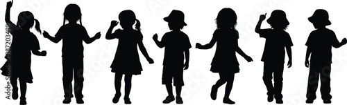 Black silhouettes of seven children in various poses on a white background kids