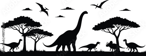 Black silhouettes of various dinosaurs and trees on a white background prehistoric