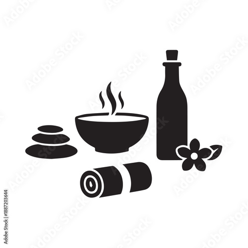 Spa and wellness vector icon set with massage towel, stones, and aromatherapy