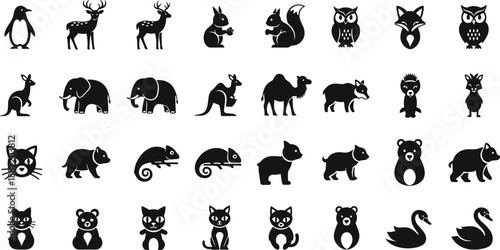 Collection of black animal silhouettes on a white background penguin deer rabbit