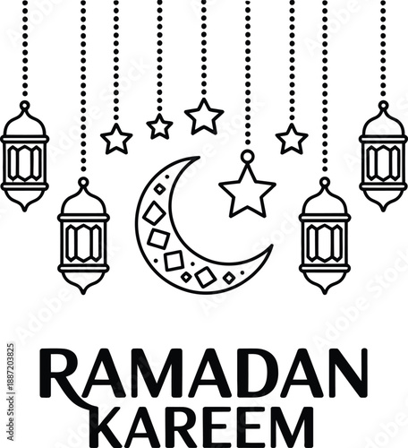 Ramadan kareem greeting with minimalist black line art lanterns, moon, and stars illustration