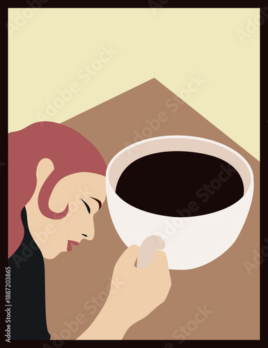 Coffee poster with a girl who fell asleep at work with a large mug of coffee in a minimalist style