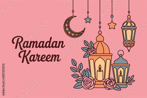 Ramadan kareem greeting card design with traditional lanterns, crescent moon, and stars