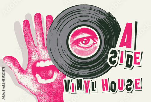 Vector banner or signboard for vinyl record store or retro music cafe menu with vinyl record, hand, human eye, mouth and Vinyl Cafe inscription in vintage style.