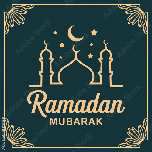 Ramadan mubarak greeting card with an elegant mosque, crescent moon, and shining star