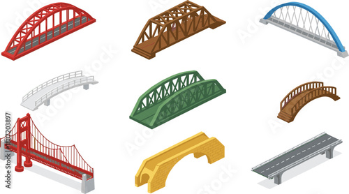 Collection of nine colorful isometric bridges on white background arch bridge beam bridge