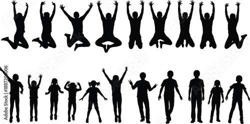 Silhouettes of happy people jumping together in celebration, joyful group scene expressing freedom, energy, unity, positive emotions, and vibrant modern lifestyle concept