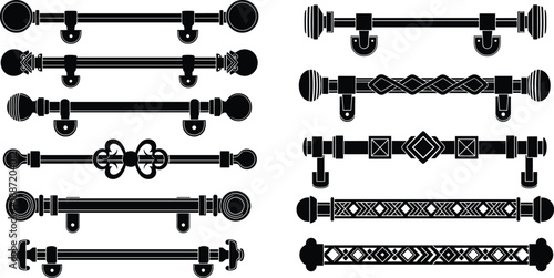 Decorative curtain rod silhouettes set with classic and modern finial designs, black window hardware elements for interior decor, home furnishing, and design illustration