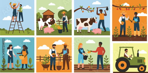 Farm workers harvesting fruits and vegetables tending to animals on a farm farmers