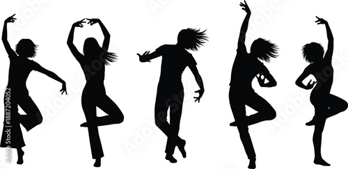 Five black silhouette female dancers in dynamic poses on white background dancing
