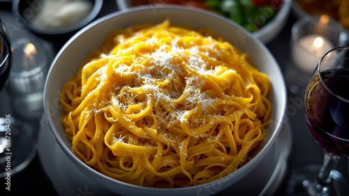Enjoying pasta and red wine during dinner at a dining table