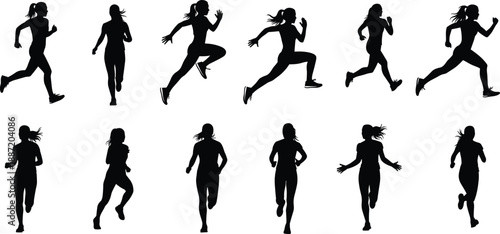 Silhouettes of women running in different poses, athletic fitness illustration highlighting speed, endurance, training, motion, and active healthy lifestyle concept