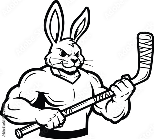 Muscular cartoon rabbit holding hockey stick with determined expression muscular rabbit