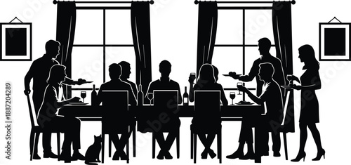 Silhouette of people dining in a restaurant with waiters serving food and drinks