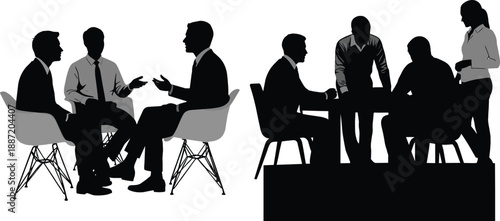 Silhouettes of business people in meeting and discussion settings