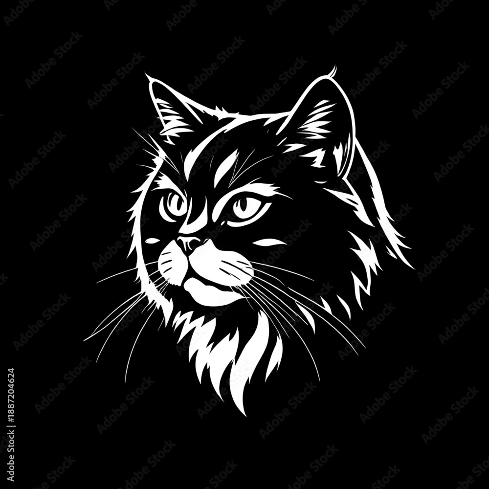 Obraz premium cat, cathead, kitten, feline, animal, pet, drawing, sketch, lineart, outline, handdrawn, illustration, vector, doodle, cute, adorable, cartoon, minimal, simple, blackandwhite, face, head, whiskers, ea