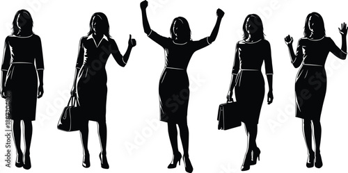 Silhouettes of confident business women in different poses, professional fashion concept expressing leadership, success, empowerment, diversity, and modern corporate lifestyle