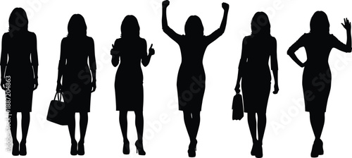 Silhouettes of confident business women standing together, diverse poses expressing leadership, success, empowerment, modern professional lifestyle, teamwork, and strong female identity concept