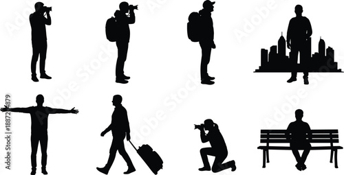 Photographer and traveler silhouette icon set showing camera poses, backpacker, city skyline, walking tourist, kneeling photographer, and lifestyle scenes in vector style