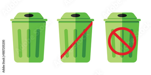 Set of green trash bin icons with recycling symbols and prohibited signs on checkered background