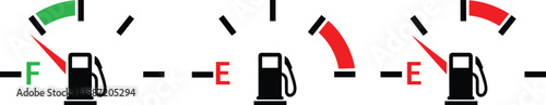 Fuel gauge indicator showing full and empty levels with warning needle icons for car dashboard, automotive fuel monitoring, gasoline and petrol level illustration
