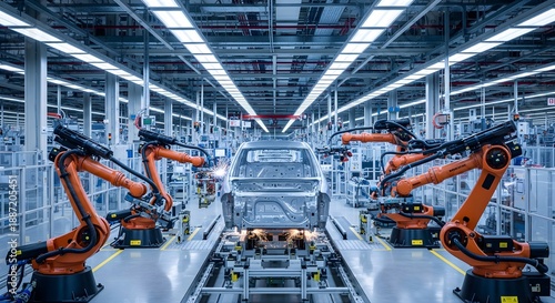 Automated car assembly line with orange industrial robotic arms welding vehicle body parts in modern factory manufacturing plant facility equipped with advanced technology systems for production