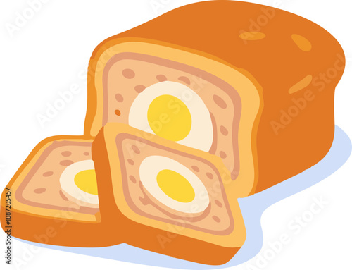 A flat, colorful illustration shows a sliced loaf of bread with a boiled egg baked inside, presented as a cute Easter-style food design.