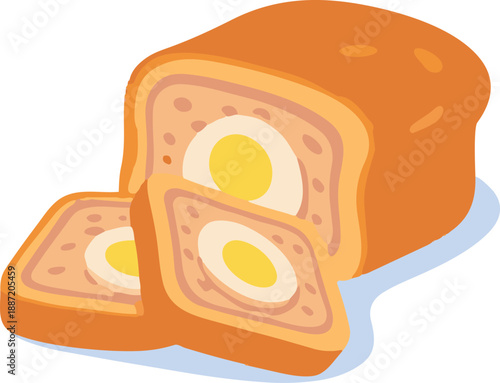 A flat, colorful illustration shows a sliced loaf of bread with a boiled egg baked inside, presented as a cute Easter-style food design.