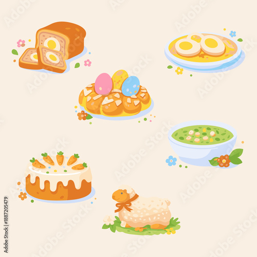 A flat, playful illustration shows assorted traditional Easter foods including egg bread, boiled eggs, festive pastries, soup, carrot cake, and a lamb cake arranged