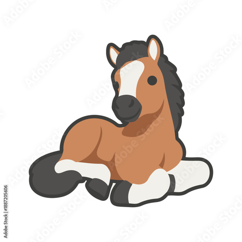 Cute brown horse foal lying down on white background vector illustration