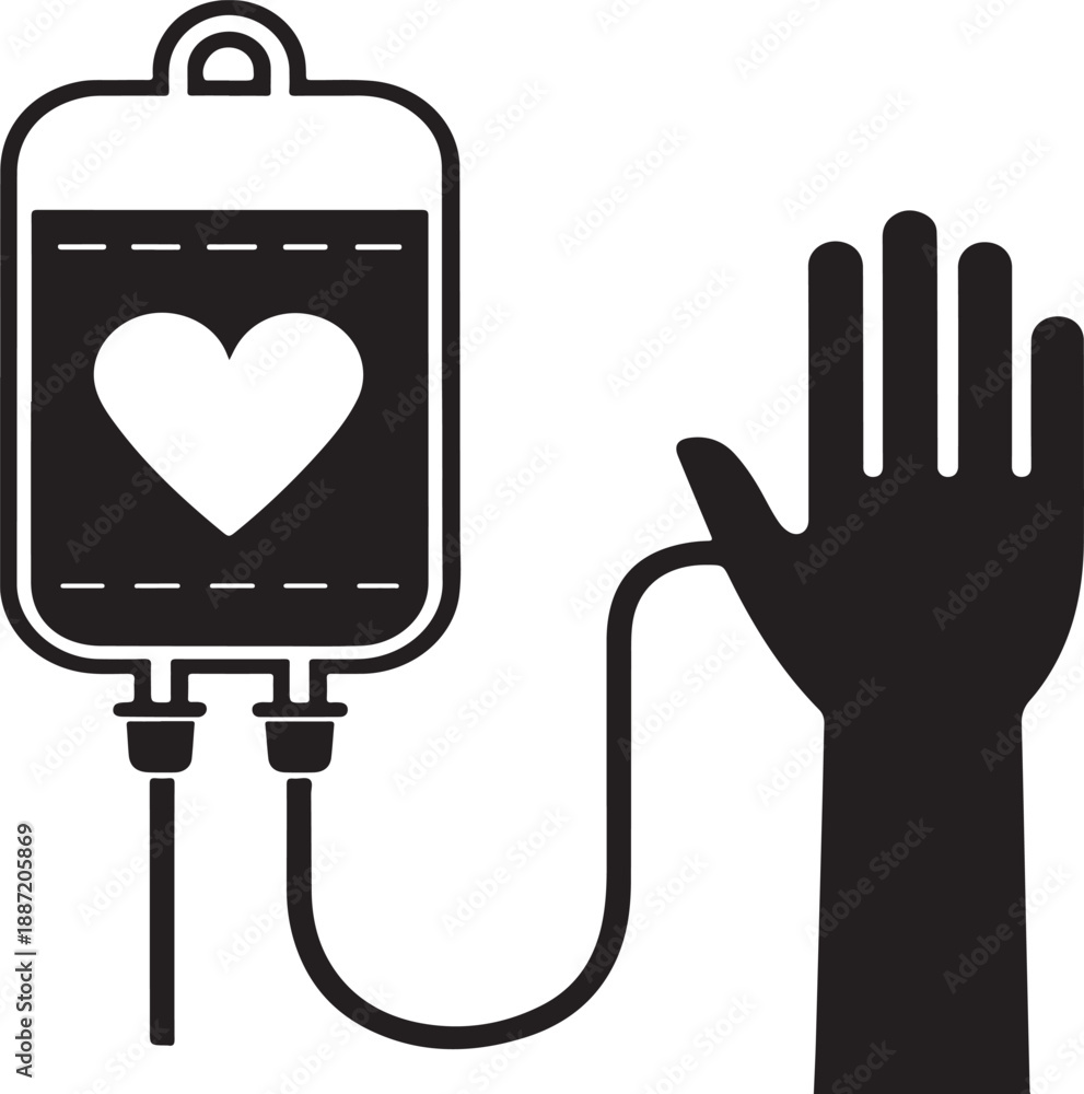 Fototapeta premium A simple black and white illustration depicts a medical iv drip bag with a heart symbol alongside a raised human hand symbolizing donation high-quality