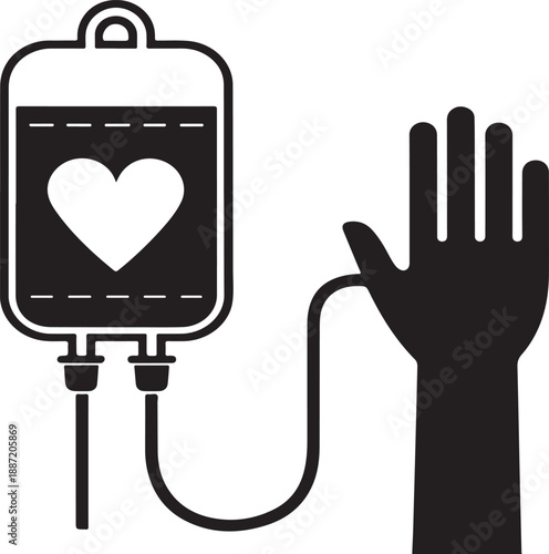 A simple black and white illustration depicts a medical iv drip bag with a heart symbol alongside a raised human hand symbolizing donation high-quality