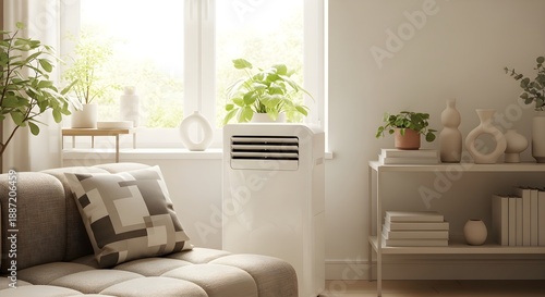 Portable Air Conditioner in a Bright Living Room with Indoor Plants near Window