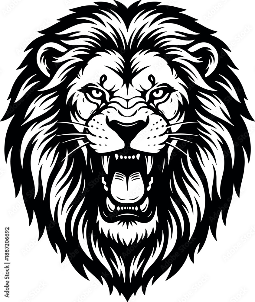 Obraz premium Lion Head Roaring Mascot Head Portrait Vector Illustration in Black and White Monochrome Style