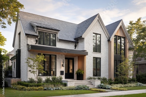 Modern house design in a suburban neighborhood featuring a blend of stone and wood elements with large windows and a well-kept garden during the afternoon hours on a sunny day