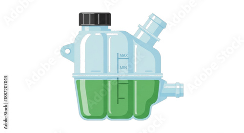Automotive coolant reservoir with green liquid, illustration isolated on white