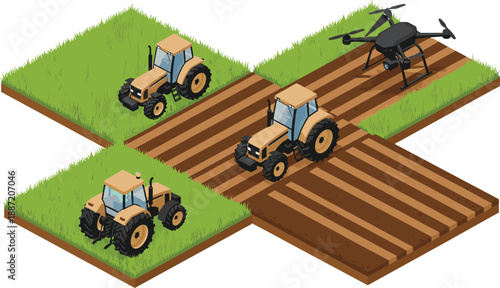 Isometric agriculture illustration with tractors and drone on farm fields, smart precision farming technology concept showing modern equipment and crop management