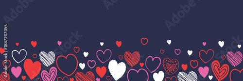 Banner with cute cartoon floating hearts. Background with hand drawn shapes. Doodles. Design for Valentine’s Day, Mother’s Day and Women’s Day. Vector illustration