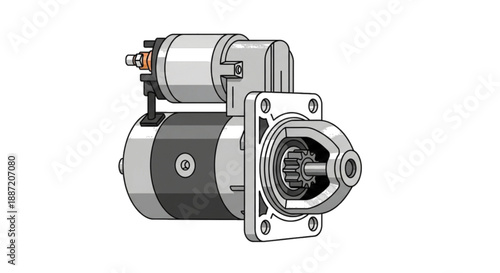 Car starter motor assembly, clean vector illustration isolated on white background
