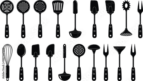Kitchen utensils silhouette vector set, cooking and baking tools collection, black cutlery icons, culinary equipment design, isolated on white background