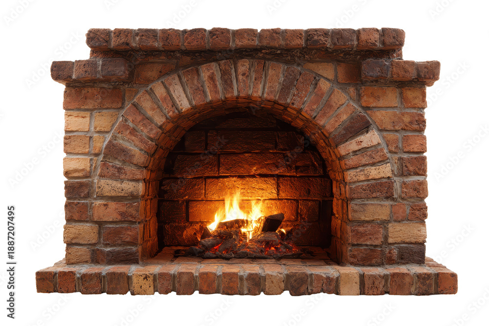 Fototapeta premium A brick fireplace with an arched opening, clearly stacked brick pattern, warm glowing fire inside, defined mantle edges and rich masonry texture isolated on transparent background.