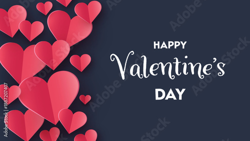 Happy Valentine’s Day greeting card with flying paper cut hearts. Vector illustration