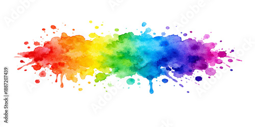 Artistic watercolor design featuring a rainbow of colorful ink and paint splashes with grunge texture splatters and liquid drops as a decorative vector element on a white background