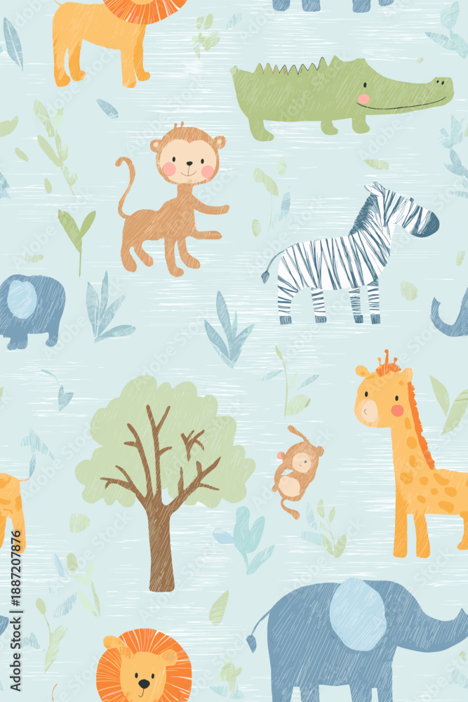 Fototapeta premium Safari animals pattern with giraffes, elephants, and lions on a light blue background. Cute cartoon jungle animals seamless pattern
