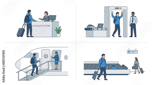 Vector illustration set of airport travel scenes featuring passenger check-in at the counter, security screening with metal detector, boarding an airplane, and baggage claim at the terminal.