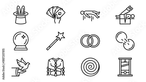 Set of 12 Magic Trick and Illusionist Line Icons in Minimalist Vector Style; Includes Rabbit in Hat, Playing Cards, Levitation, Sawing in Half, Crystal Ball, Magic Wand, Linking Rings, and Dove.