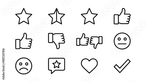 Set of 12 Minimalist Feedback and Rating Line Icons Featuring Stars, Thumbs Up, Thumbs Down, Heart, Checkmark, and Smiley Faces for Customer Satisfaction Surveys and User Experience Web Interface