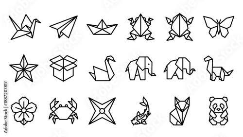 Set of 18 minimalist origami paper art line icons featuring a crane, elephant, panda, fox, butterfly, frog, swan, dinosaur, and more. Geometric vector illustrations with uniform stroke width on white.