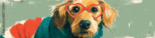 Doodle dog wearing a red heart sweater with heart-shaped glasses. Dog wearing red heart sweater and glasses for Valentine