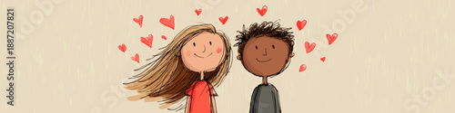 Smiling cartoon boy and girl with red hearts floating above them, depicting true love. Happy cartoon couple showing love and affection